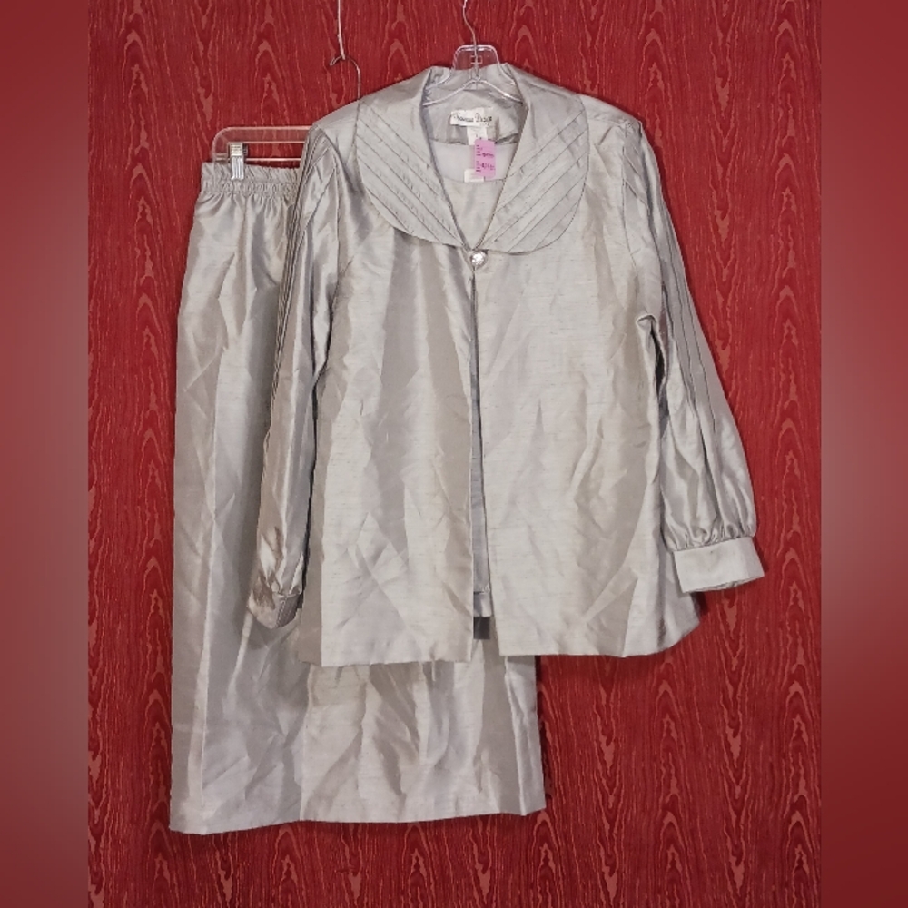 HOSANNA DESIGN 3 Piece Silver 3/4 Sleeve Collared 1 Button Skirt Women's Size XL